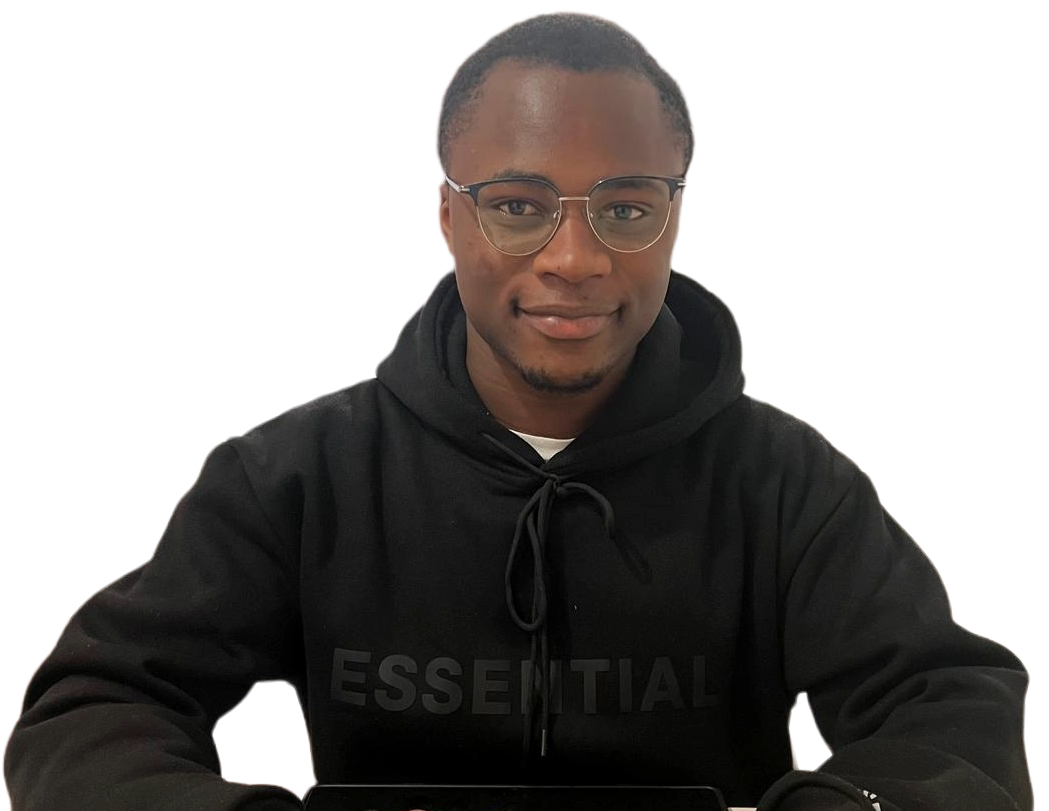 Rucel Tsafack, seated in a black hoodie